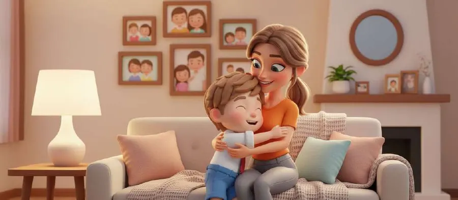 David abraza a su madre en el sofá del salón, con la lámpara encendida y fotos familiares en la pared