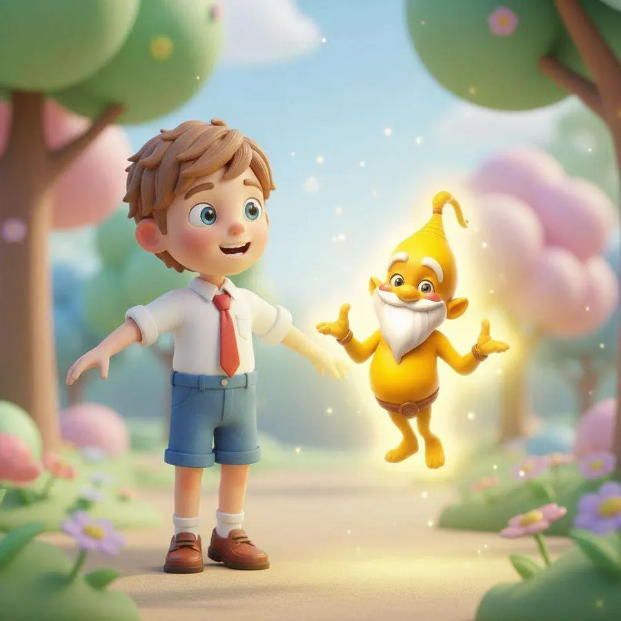 David, con la mano tendida, se encuentra con Zafir, un genio amarillo luminoso que flota entre flores