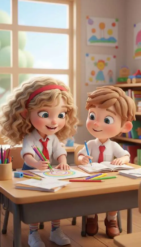 Marga y David dibujan juntos en un pupitre lleno de rotuladores y cuadernos, junto a la ventana del aula