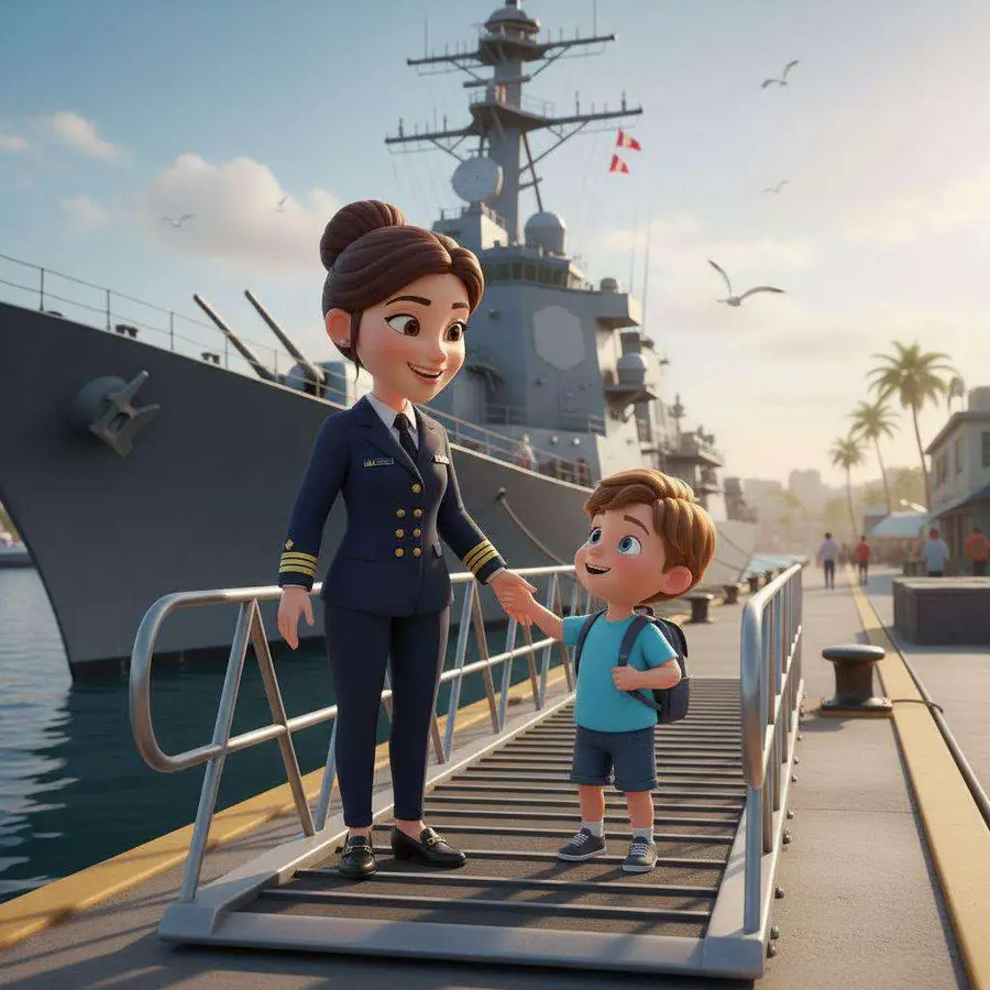 Una oficial de la Armada con uniforme azul marino da la mano a un niño en la pasarela de un buque gris
