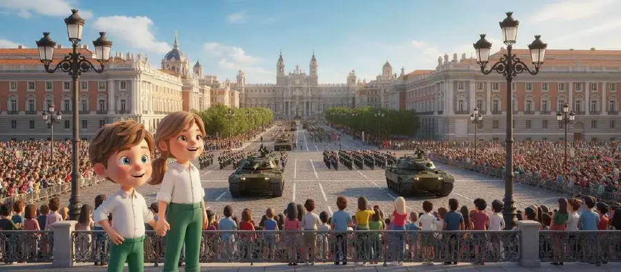 Dos niños miran el desfile desde la valla de una gran plaza con público y carros blindados, frente a un palacio