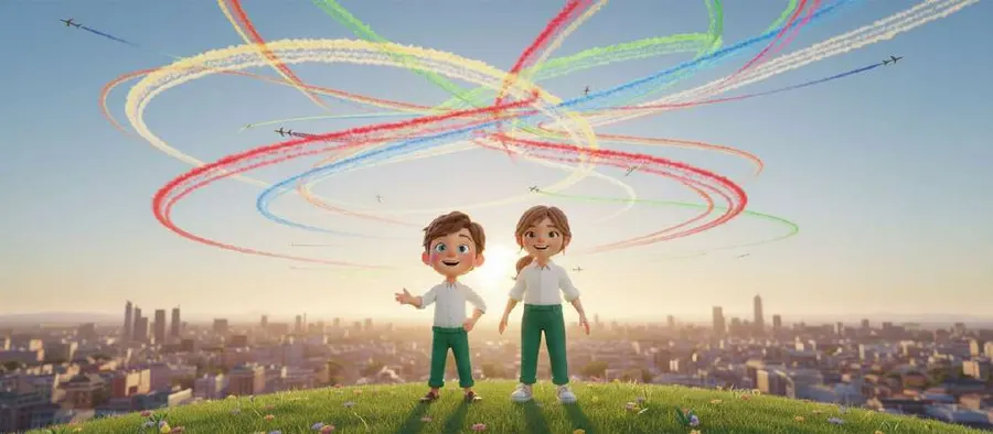Dos niños sobre una colina contemplan la ciudad mientras los aviones dibujan estelas de colores en el cielo