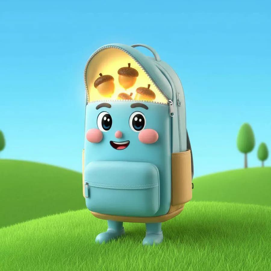 Una mochila azul con cara sonriente abre su bolsillo lleno de bellotas doradas en una colina verde