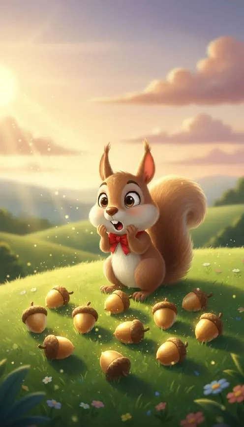 Una ardilla sorprendida se lleva las patas a la cara rodeada de bellotas en un prado al atardecer