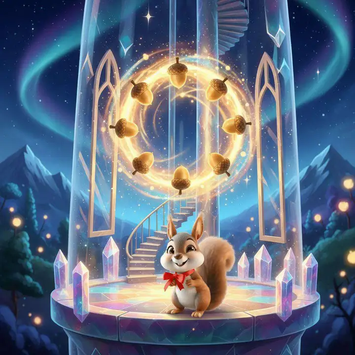 La ardilla sonríe en lo alto de una torre de cristal mientras las bellotas flotan formando un círculo de luz