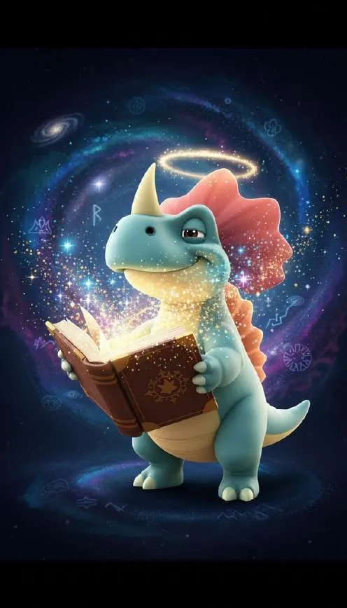 Una dinosauria azul sostiene un libro abierto del que sale una nube de polvo de estrellas en medio del espacio