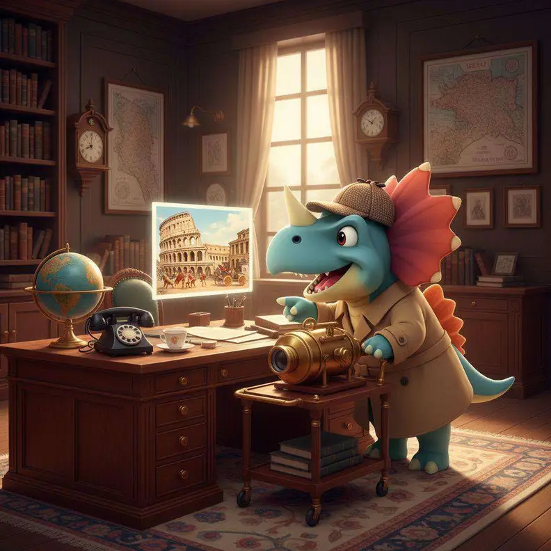 Una dinosauria vestida de detective, con gabardina y gorra, señala una pantalla con el Coliseo en un despacho antiguo lleno de mapas y globos terráqueos