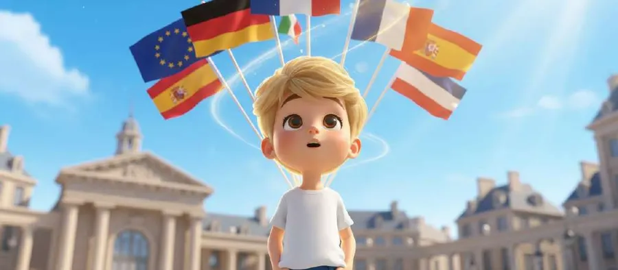 Un niño rubio mira hacia arriba con las banderas de la Unión Europea, España, Alemania, Francia e Italia ondeando sobre su cabeza