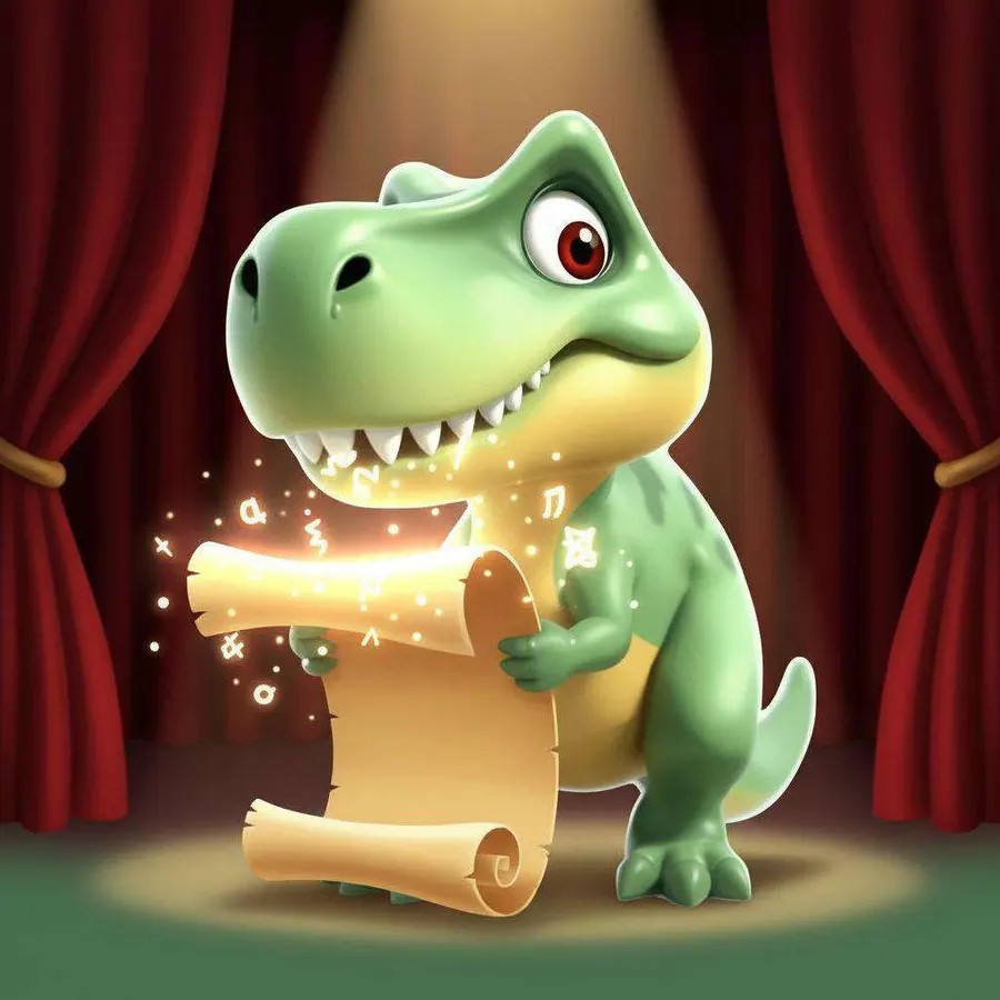 Rexi, el dinosaurio verde, despliega un pergamino brillante sobre un escenario con cortinas rojas