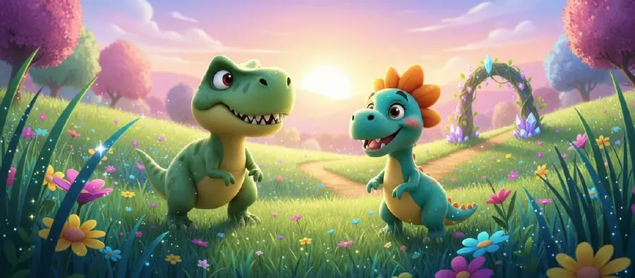 Dos dinosaurios pequeños se miran sonrientes en una pradera llena de flores, con el sol saliendo al fondo