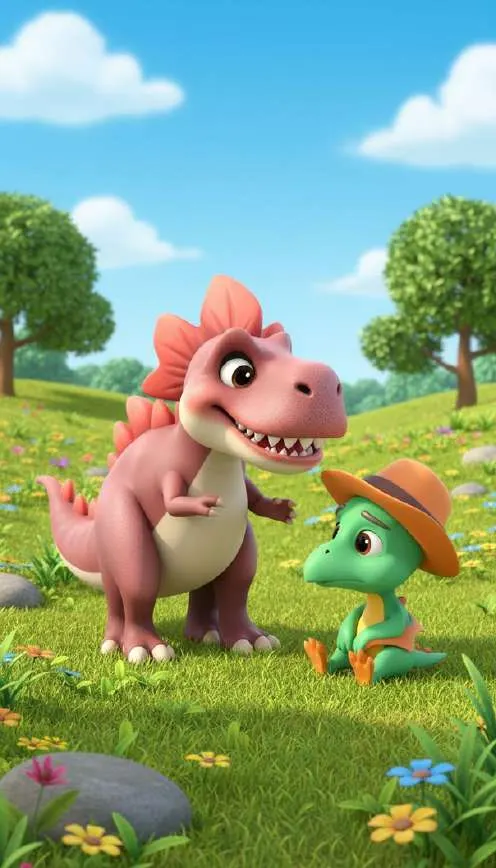 Una dinosauria rosa camina por la hierba junto a un pequeño dinosaurio verde con sombrero de ala ancha