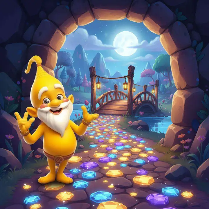 Zafir, el duende amarillo de barba blanca, abre los brazos al principio de un sendero de piedras brillantes que lleva a un puente de madera
