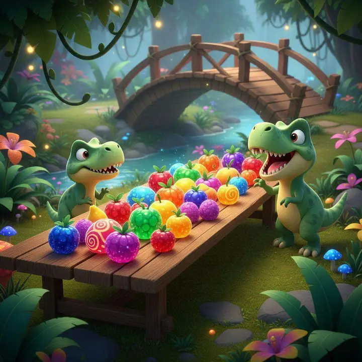Dos dinosaurios contemplan con la boca abierta una mesa larga cubierta de frutas de colores, junto a un puente de madera