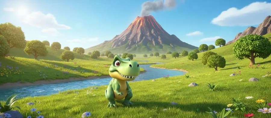 Un pequeño dinosaurio verde pasea junto a un río en un valle, con el gran volcán al fondo echando una columna de humo