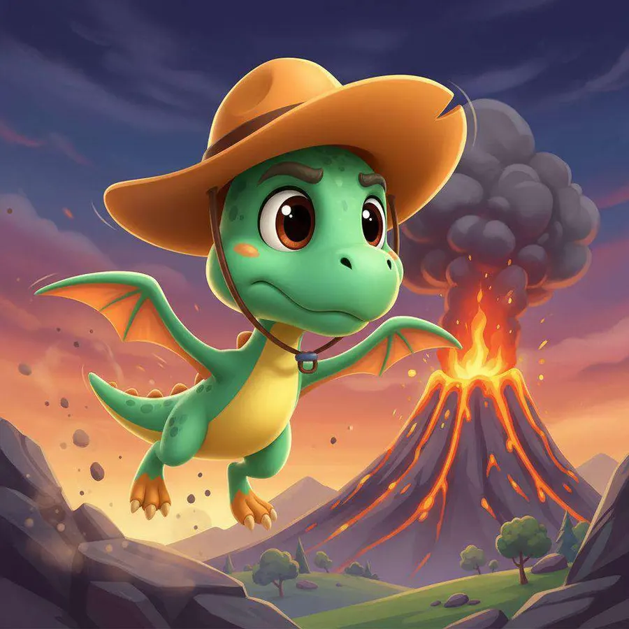 Nuno, el dinosaurio volador con sombrero naranja, se acerca volando al volcán mientras la lava rebosa por la ladera