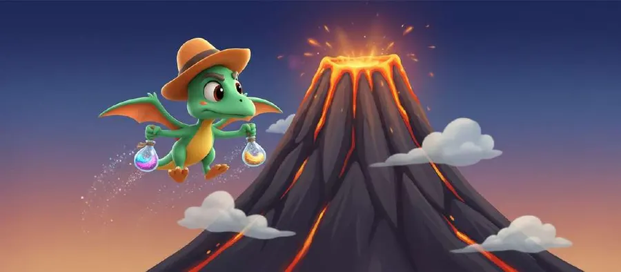 Nuno vuela hacia la cima del volcán llevando colgados dos frasquitos de polvos mágicos