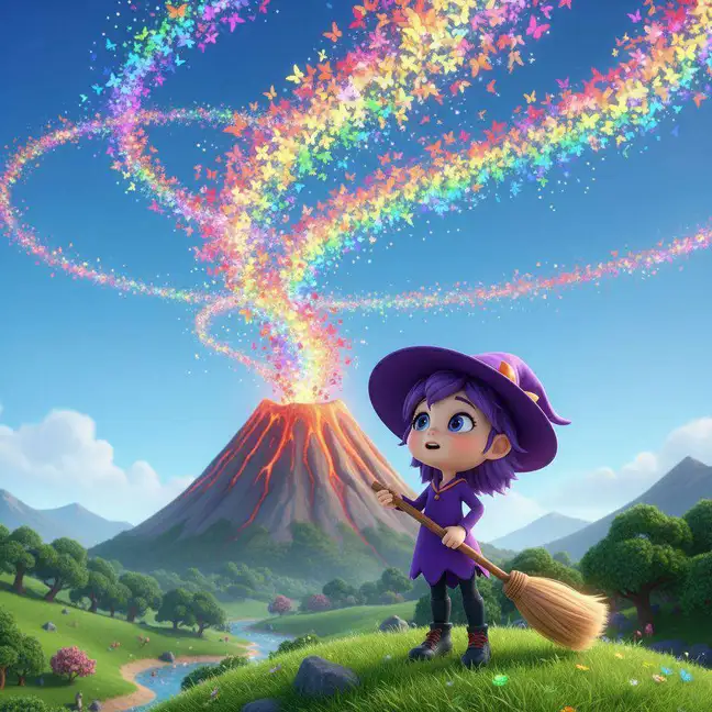 Del cráter del volcán sale una espiral de mariposas de colores mientras Uva, la brujita, la mira desde la ladera con su escoba