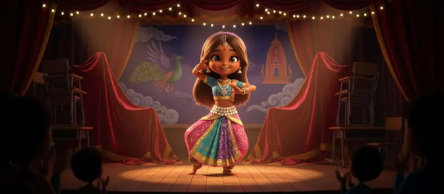 Carol baila una danza india sobre el escenario del aula mientras los padres y los niños la miran