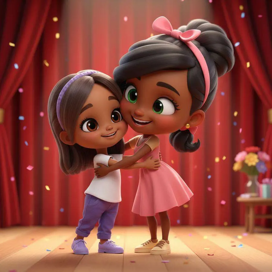 Carol y Marcela se abrazan sonriendo después de la actuación, entre aplausos