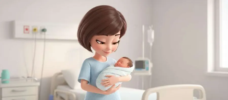 Una madre sostiene a su bebé recién nacido en brazos, de pie junto a la cama de una habitación de hospital