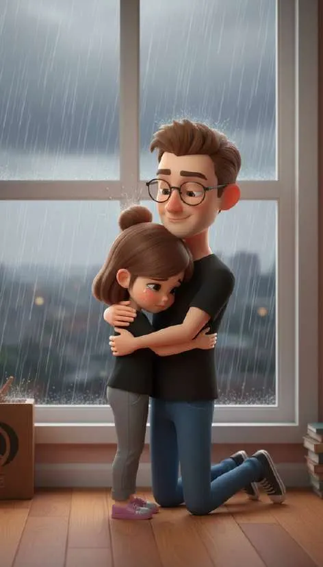 Un padre, de rodillas junto a una ventana en la que llueve, abraza a su hija apoyada en su hombro