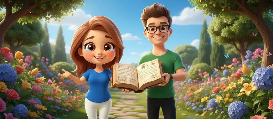 Ale y Marcos, de pie en un jardín florido, sostienen abierto entre los dos el libro que han escrito