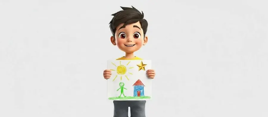 Un niño enseña orgulloso un dibujo con un sol, una casa y una estrella dorada pegada en la esquina