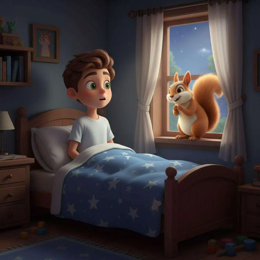 Un niño se incorpora en su cama azul de estrellas y mira sorprendido a una ardilla pelirroja sentada en el alféizar de la ventana, con la noche estrellada detrás