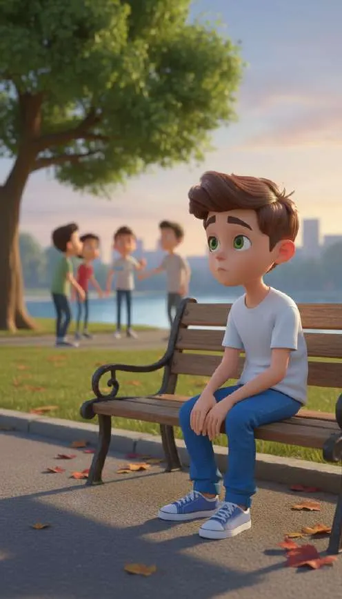 Un niño sentado solo en un banco del parque, con hojas secas en el suelo, mientras al fondo otros niños juegan juntos bajo un árbol