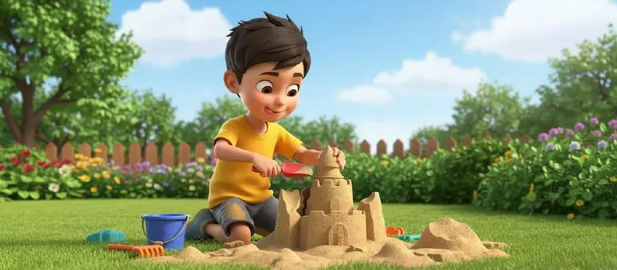 Un niño con camiseta amarilla construye un castillo de arena con una pala roja en el jardín, entre flores y una valla de madera