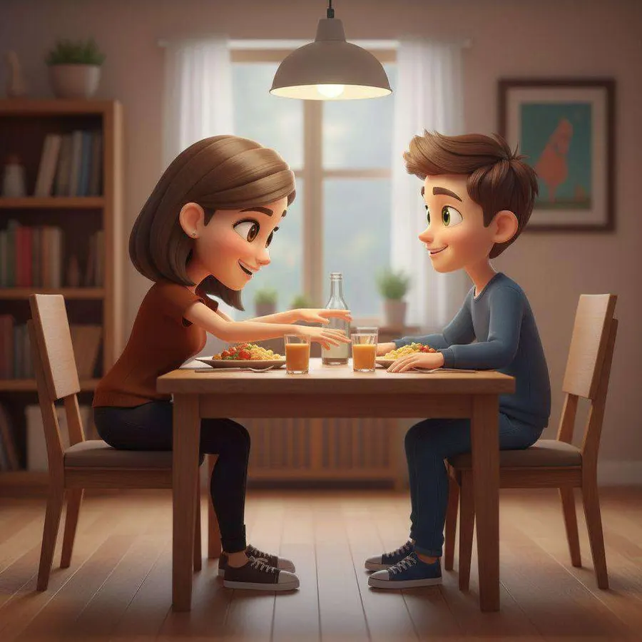 Una madre y su hijo cenan frente a frente en la mesa del comedor, bajo la luz cálida de una lámpara, hablando y sonriendo