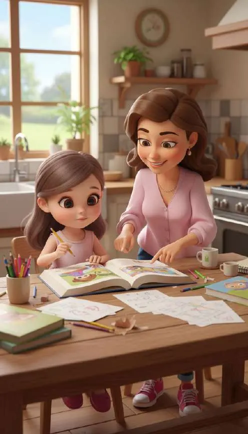 Mamá y Gema, en la mesa de la cocina, repasan juntas los deberes sobre un cuaderno abierto