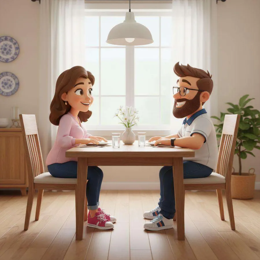 Mamá y Papá, sentados frente a frente en una mesa junto a la ventana, conversan sonrientes