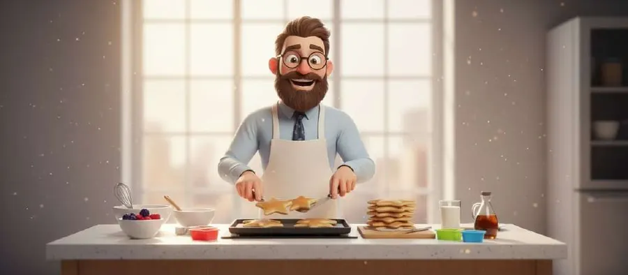 Papá Carlos, con delantal, prepara tortitas en la encimera de la cocina bañada por el sol