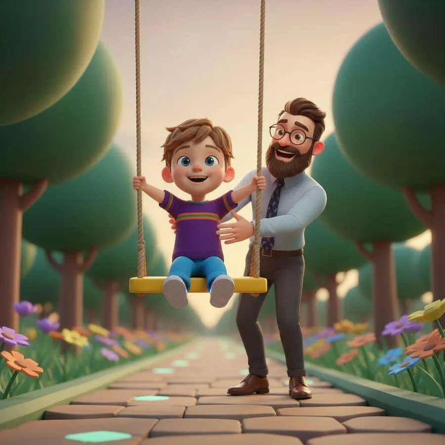 Mateo se columpia riendo mientras uno de sus papás lo empuja por un camino de piedras lleno de flores