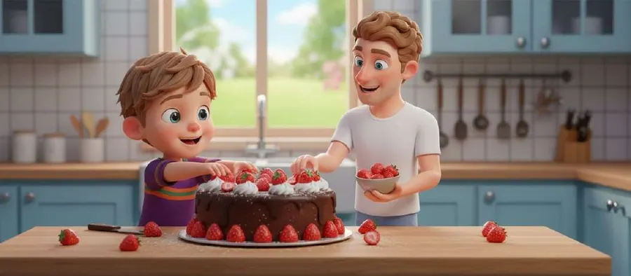 Mateo y Papá Dani decoran con fresas una tarta de chocolate sobre la mesa de la cocina