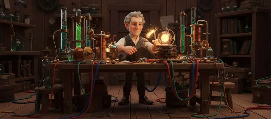 Thomas Edison, en su laboratorio de Menlo Park, sostiene una bombilla encendida entre tubos, cables y frascos de colores