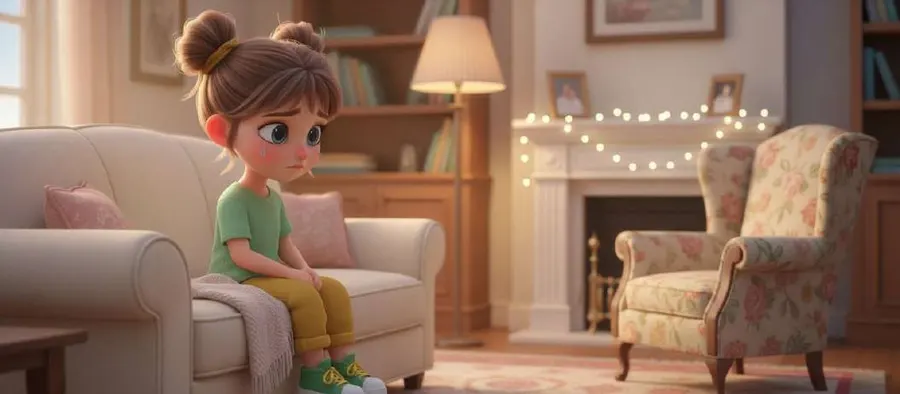 Sofía, sentada en el borde del sofá, mira la butaca vacía de la abuela junto a la chimenea