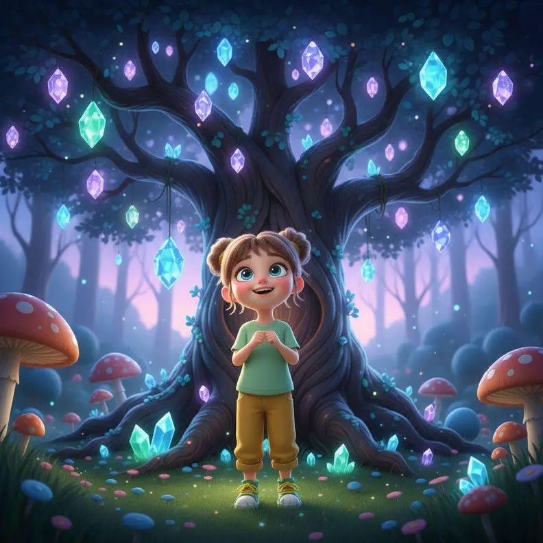 Sofía contempla maravillada un árbol enorme cuyas ramas están cubiertas de cristales luminosos en un bosque de setas de colores