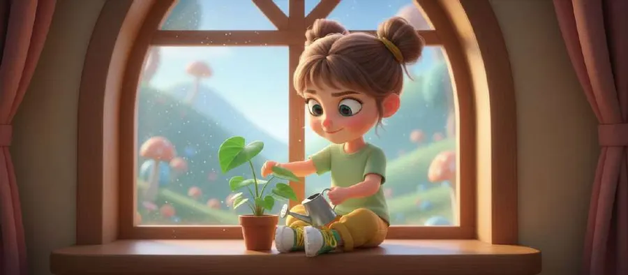 Sofía riega con una regadera pequeña la planta que ha brotado en la maceta del alféizar