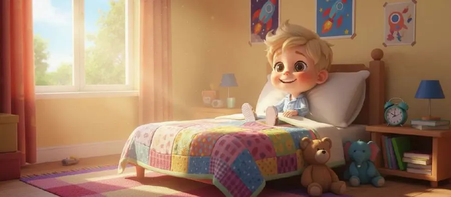 Un niño rubio se incorpora sonriente en su cama, en una habitación con juguetes y la luz de la mañana entrando por la ventana