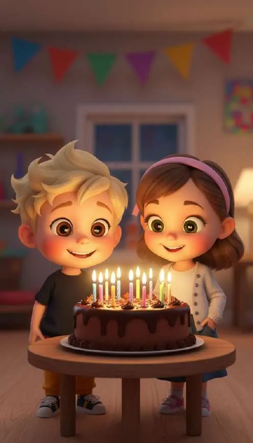 Dos hermanos posan juntos ante una tarta de chocolate con las velas encendidas, bajo una guirnalda de banderines