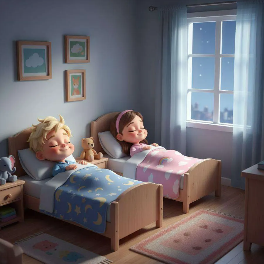 Dos hermanos duermen en sus camas, en una habitación azul iluminada por la luz de la luna que entra por la ventana