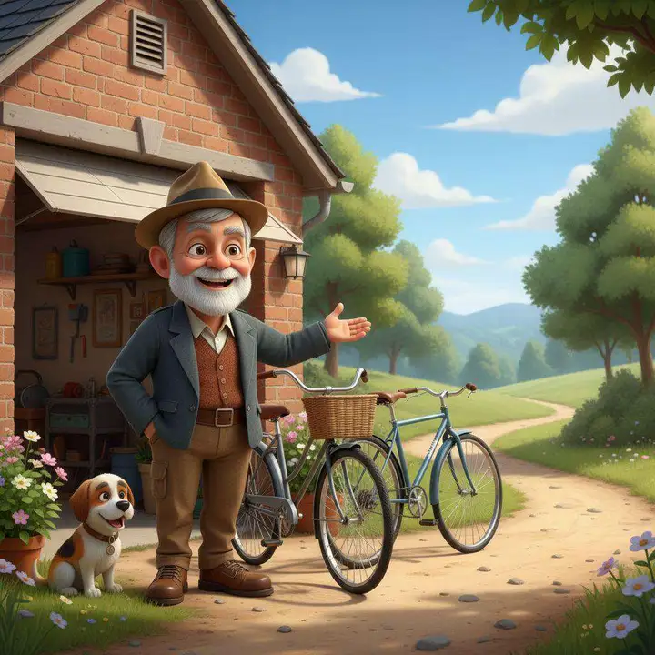 El Abuelo Tomás, junto a dos bicicletas y su perro, señala el sendero que sale del pueblo