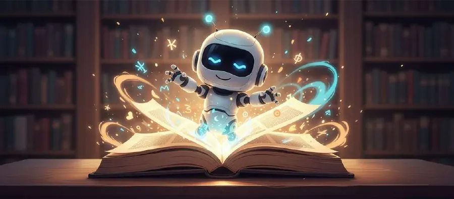 Pixel, un pequeño robot de ojos azules, sale de entre las páginas de un libro que brilla en la estantería