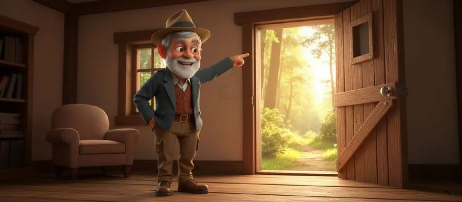 El Abuelo Tomás señala la puerta abierta de la casa, con el bosque iluminado por el sol al otro lado