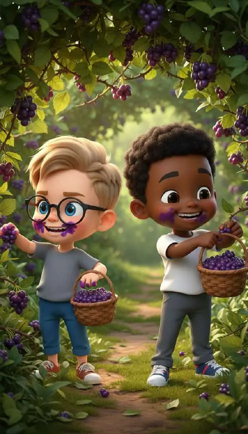 Juan y David, con cestas en la mano y los dedos manchados, recogen moras entre las zarzas del sendero