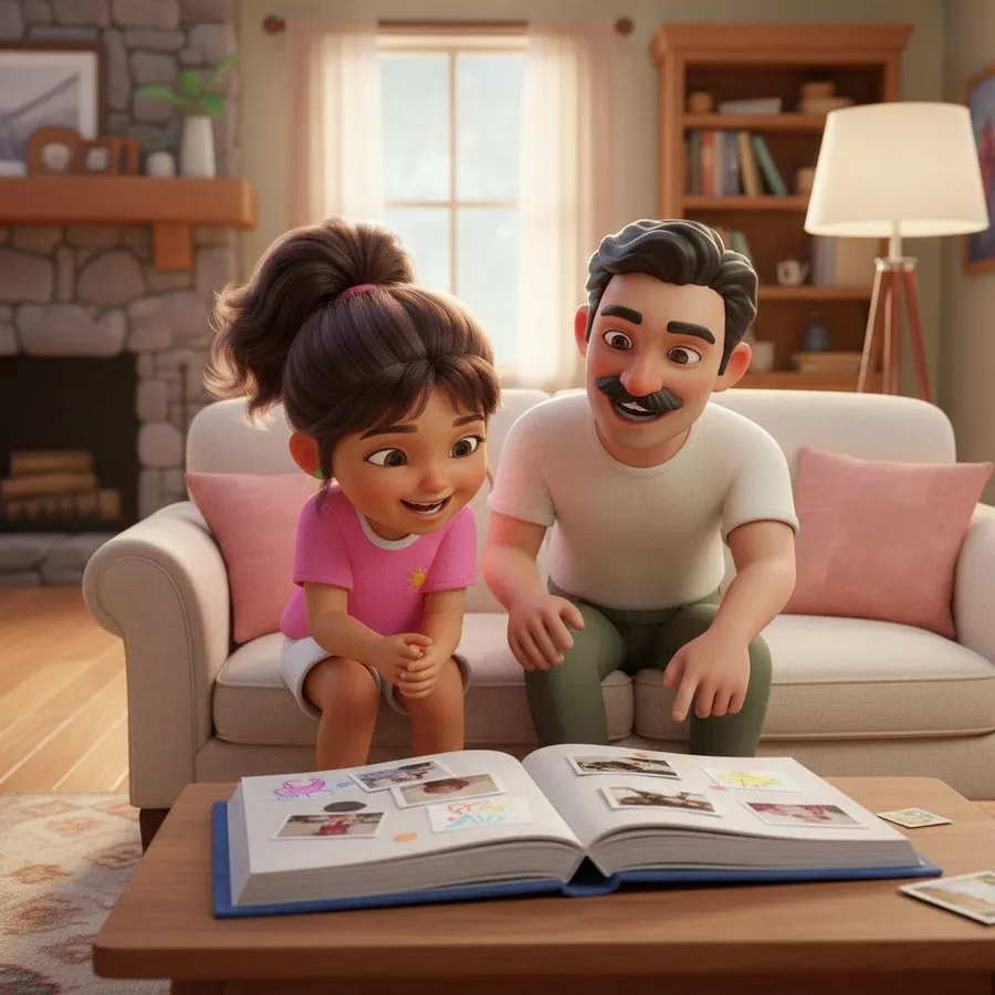 Paola y su papá Hugo miran un álbum de fotos abierto sobre la mesa de la sala