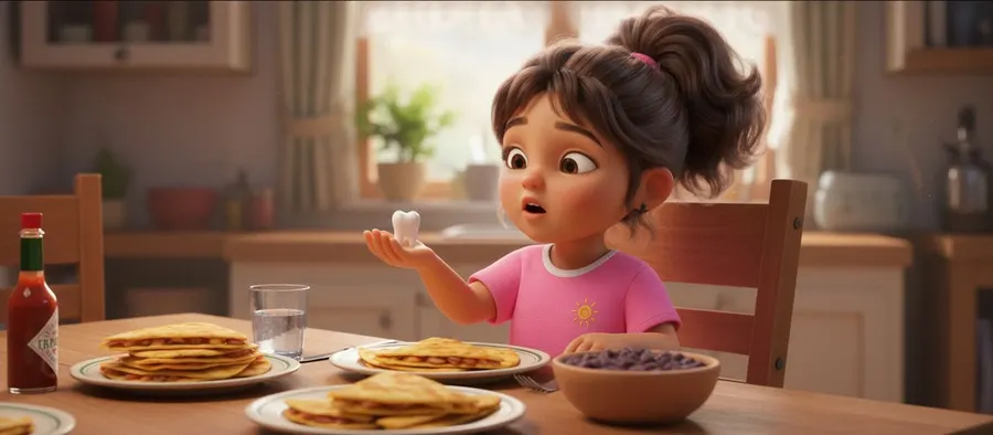Paola, en la mesa de la cena, mira asombrada el diente que se le acaba de caer en la mano