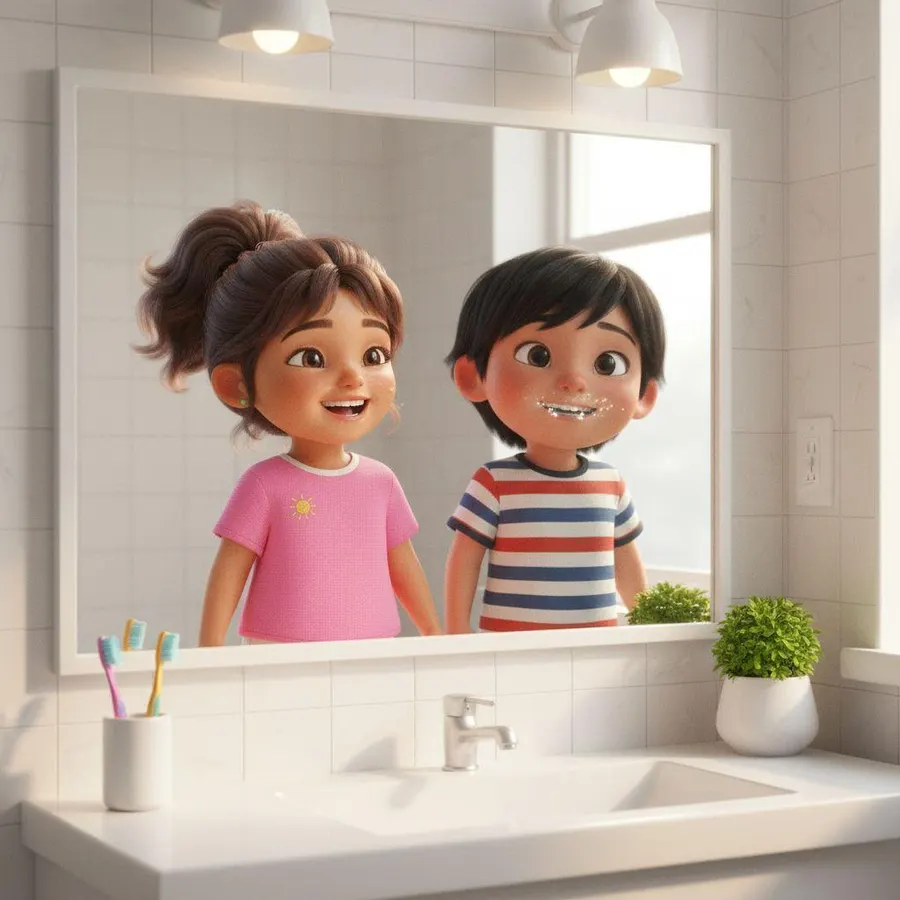 Paola y Rodrigo sonríen frente al espejo del baño, con los cepillos en un vaso